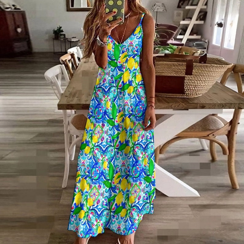 Comstylish Amalfi Style Lemon Strap Ankle Maxi Dress