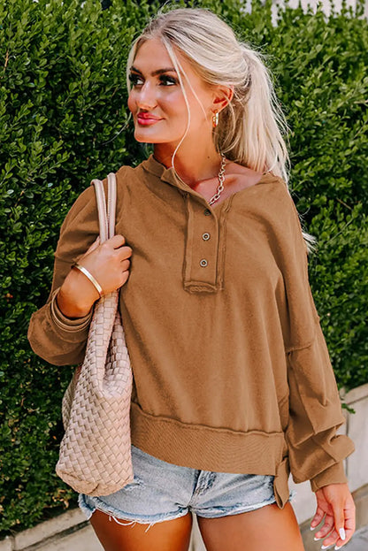 Brown Drop Shoulder Henley Sweatshirt