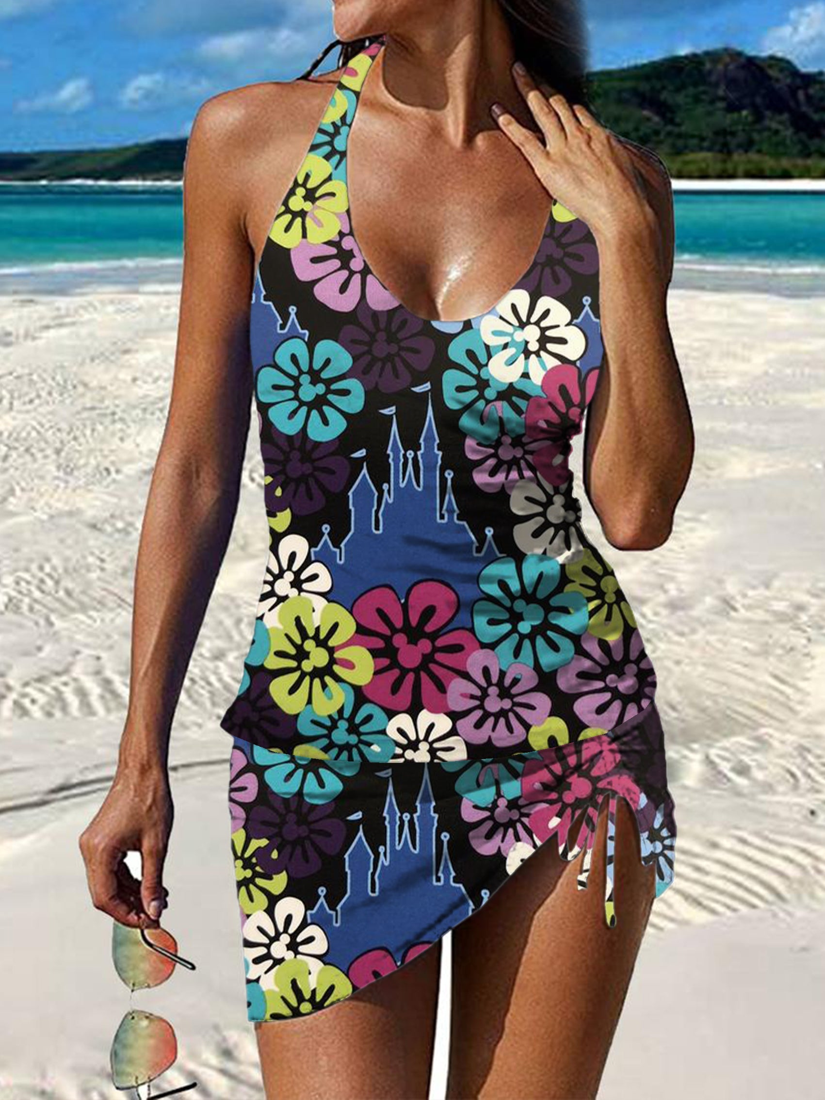 Vintage Floral Print Pleated Drawstring V-neck Tankini Pantskirt Set Swimsuit