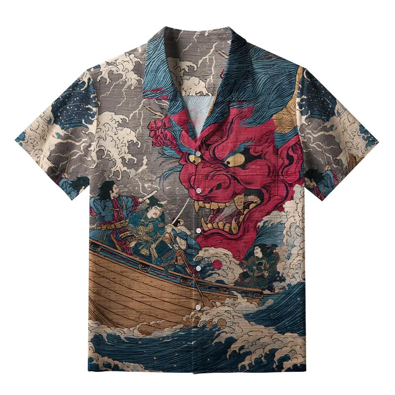 Demon And Samurai At Sea Aloha Hawaiian Shirt elevenforest