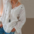 Women's Vintage Flower Embroidery Art Cotton And Linen V-neck Blouse elevenforest