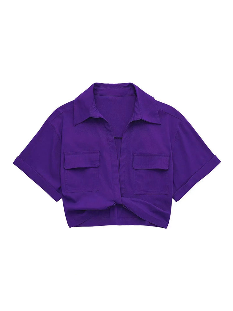 Safari Style Pockets Patch Knotted Linen Short Smock Blouse Lady Kimono Cropped Shirt Blusas Tops