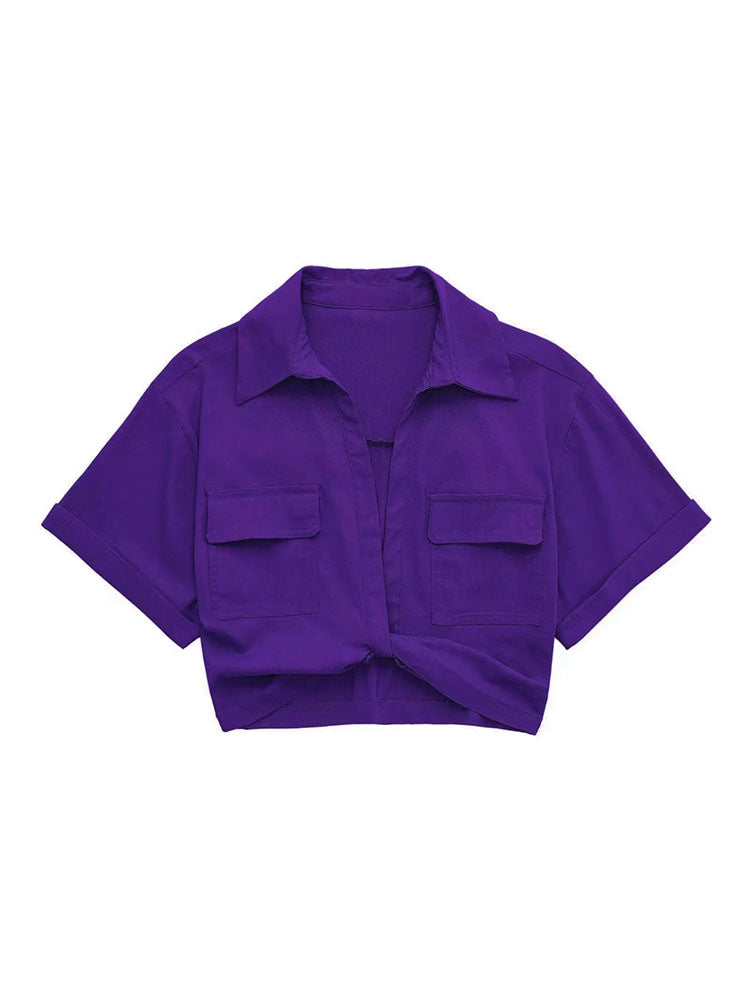 Safari Style Pockets Patch Knotted Linen Short Smock Blouse Lady Kimono Cropped Shirt Blusas Tops