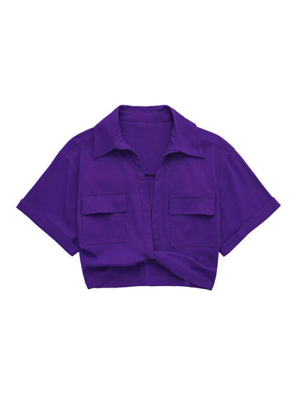 Safari Style Pockets Patch Knotted Linen Short Smock Blouse Lady Kimono Cropped Shirt Blusas Tops