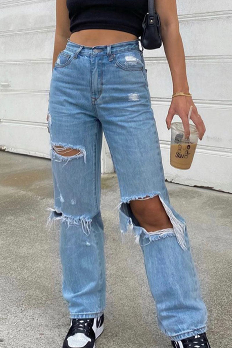 Ripped Mid Waist Straight Denim