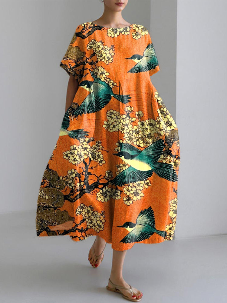 Women's Japanese Art Inspired Print Linen Blend Dress elevenforest