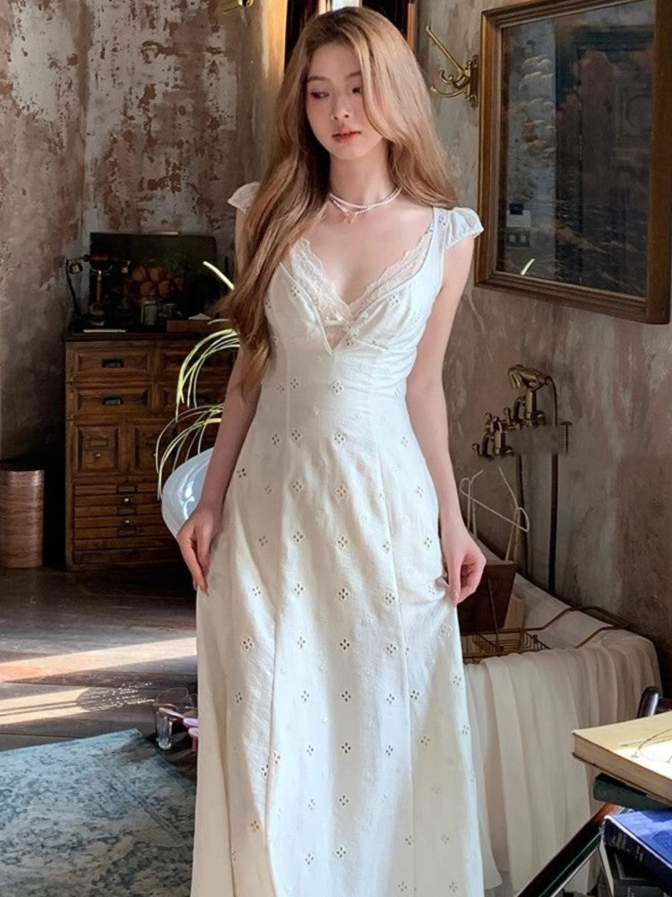 New Summer Hollow Out Midi Dress V-neck Vocation French Style White Dress Korean Slim Vestidos