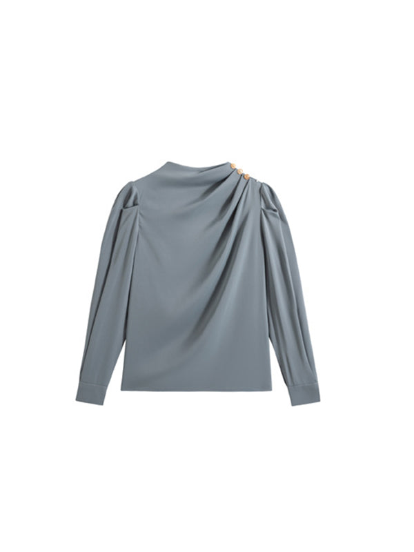 Loose Puff Sleeves Pleated Split-joint High Neck Blouses&shirts Tops