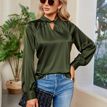 Satin Silk Blouse Tops V Neck Long Sleeve Loose Shirt Summer Tops Blouse Tops