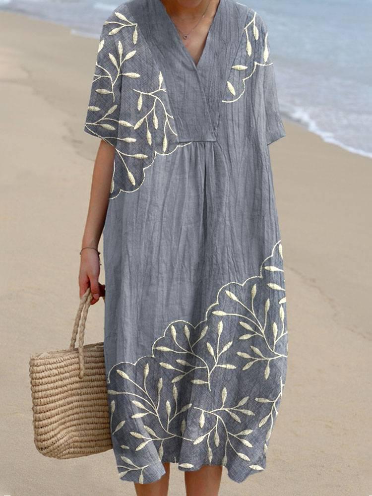 Leaf Embroidery Pattern Linen Blend Dress elevenforest