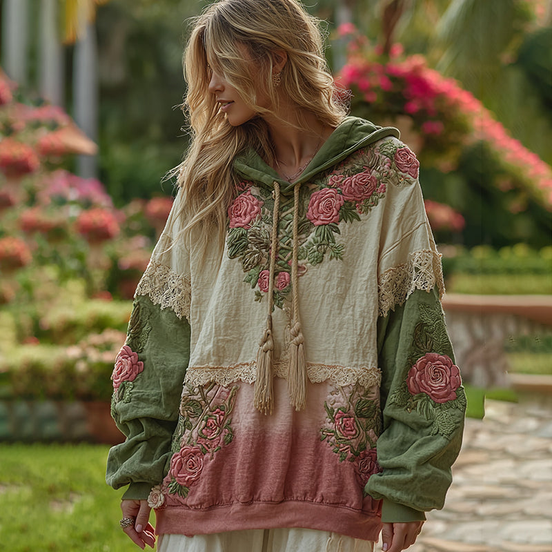 Women's Retro Floral Patch Art Comfortable Warm Hoodie elevenforest