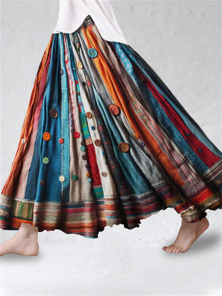 Boho Colorful Textile Flowy Linen Blend Wide Skirt elevenforest