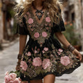 Women's Classic Romantic Pink Rose Embroidery Art Comfy Linen Mini Dress elevenforest