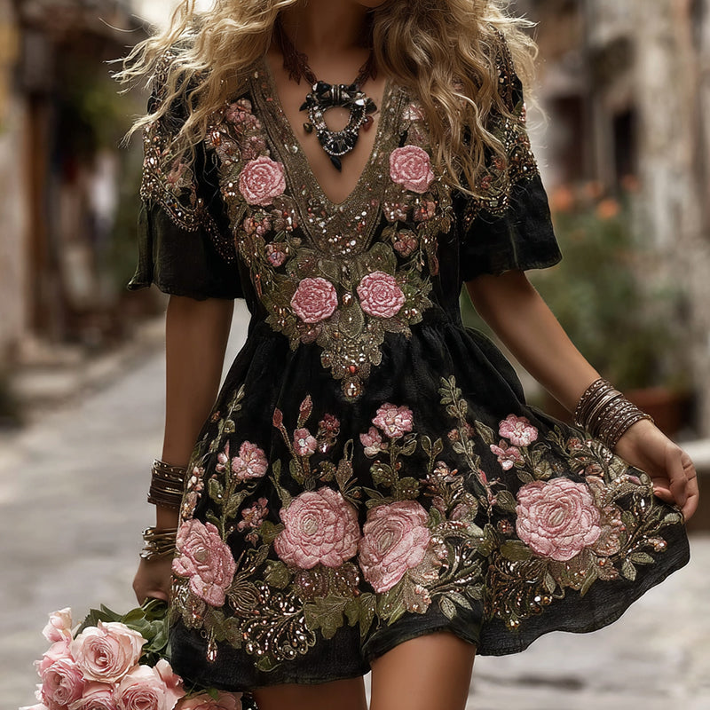 Women's Classic Romantic Pink Rose Embroidery Art Comfy Linen Mini Dress elevenforest