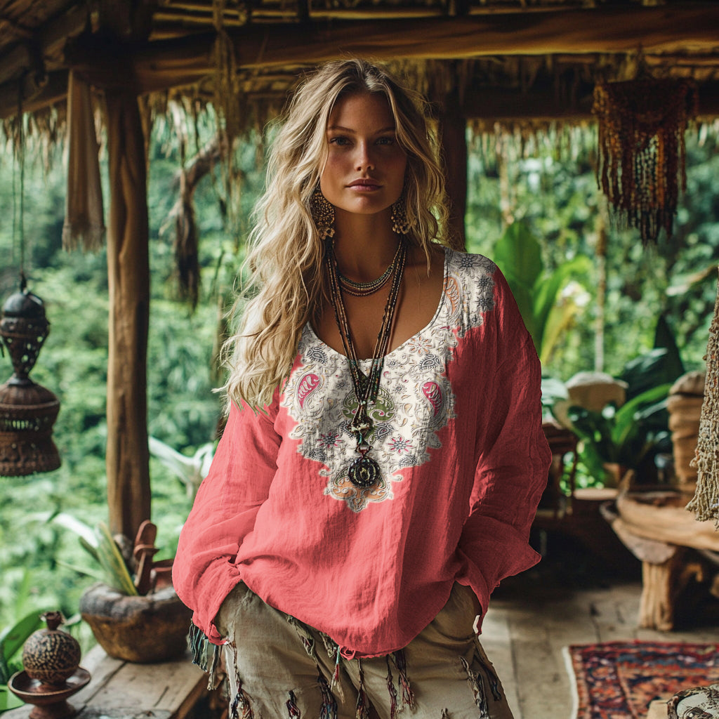 Retro Bohemian Resort Paisley Pattern Art Embroidery Cotton And Linen Blend Loose Blouse elevenforest