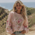 Women's Pink Rose Print Linen Blend T-shirt elevenforest