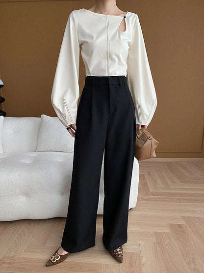 Long Sleeves Loose Asymmetric Belly-hollow Color Round-neck Blouses&shirts Tops
