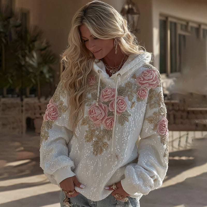 Women's Vintage Pink Floral Embroidery Sequins Art Warm Hooded Sweatshirt elevenforest