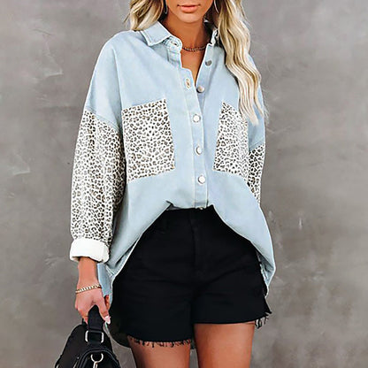 Autumn Shacket Long Sleeve Pocket Leopard Print Printing Collared Cardigan Top