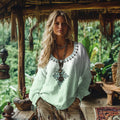 Retro Bohemian Resort Gradient Ethnic Pattern Art Embroidery Cotton And Linen Blend Loose Blouse elevenforest