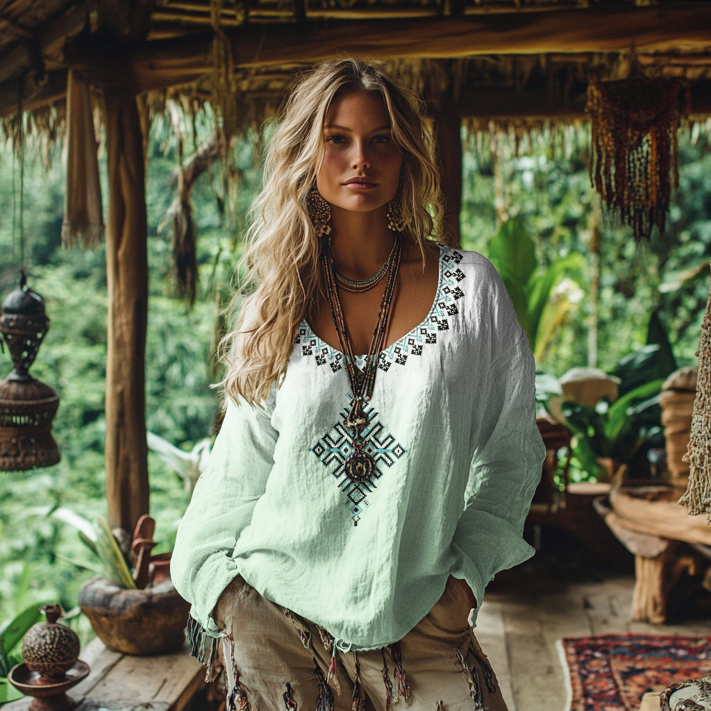 Retro Bohemian Resort Gradient Ethnic Pattern Art Embroidery Cotton And Linen Blend Loose Blouse elevenforest