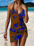Vintage Floral Print Pleated Drawstring V-neck Tankini Pantskirt Set Swimsuit