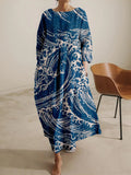 Japanese Ocean Waves Inspired Linen Blend Maxi Dress elevenforest