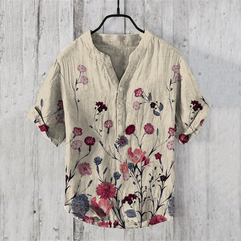 Men's Vintage Art Blossom V Neck Casual Linen Blend Shirt elevenforest