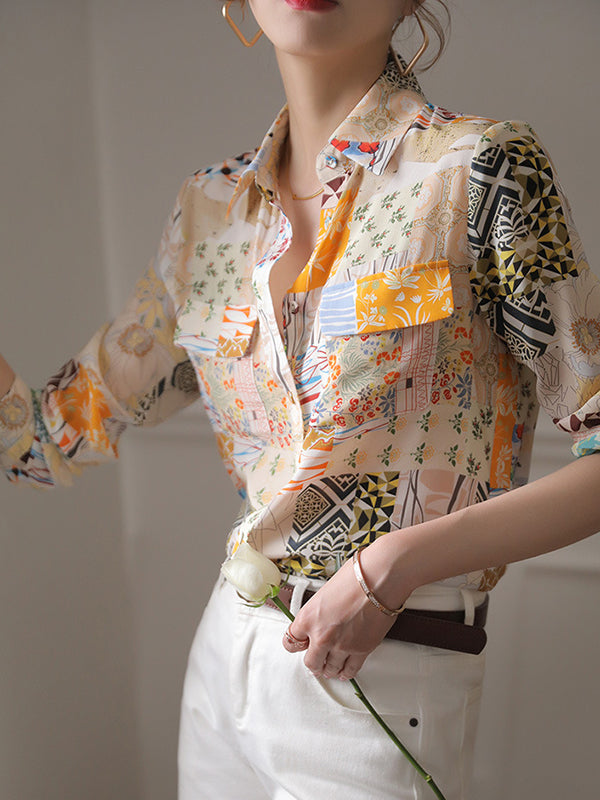 Long Sleeves Loose Buttoned Pockets Printed Lapel Blouses&shirts Tops