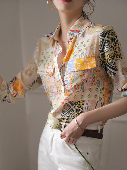 Long Sleeves Loose Buttoned Pockets Printed Lapel Blouses&shirts Tops