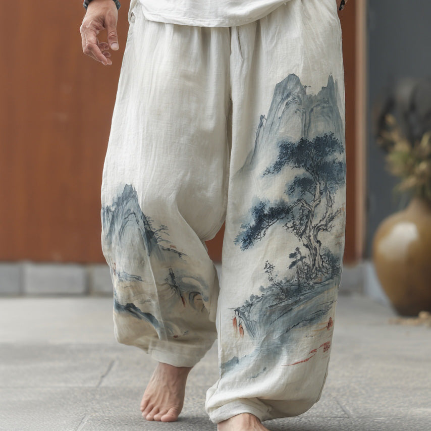 Men's Retro Japanese Landscape Print Casual Pants elevenforest
