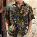 Bohemian Style Plant And Flower Pattern Men's Retro Cotton And Linen Short-sleeve Shirt elevenforest