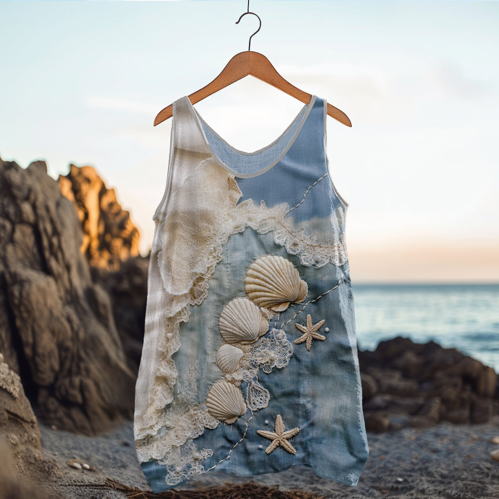 Vintage Starfish And Shell Ocean Inspired Cozy Linen Tank Top elevenforest