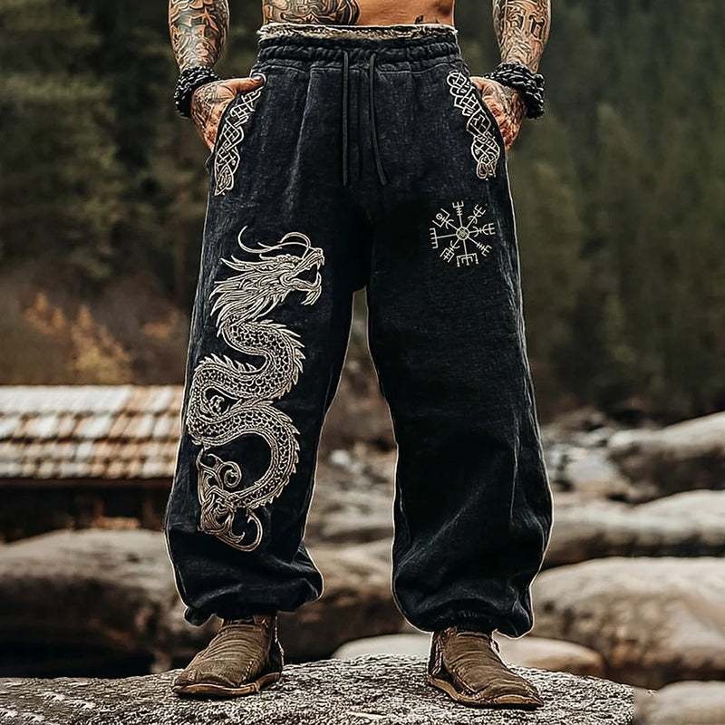 Men's Retro Viking Dragon Print Casual Pants elevenforest