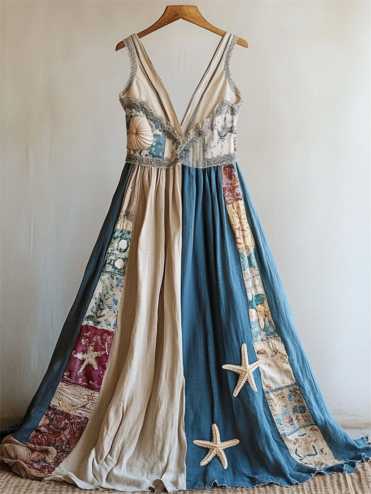 Boho Starfish & Sea Shells Contrast Patchwork Linen Maxi Dress elevenforest