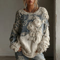Women's Vintage White Rose Chunky Knit Crew Neck Sweater elevenforest
