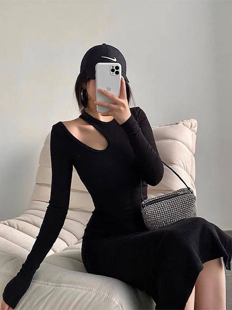 Cut Out Midi Dress for O-neck Long Sleeve Bodycon Party Dresses Autumn Winter Dress