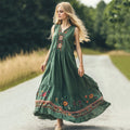 Retro Bohemian Floral Embroidery Art Sleeveless Linen Maxi Dress elevenforest