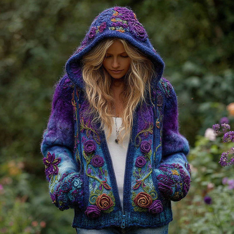 Women's Vintage Purple Rose Embroidered Knit Hooded Sweater elevenforest