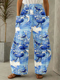 Japanese Wave Inspired Whale Art Wide Leg Casual Pants elevenforest