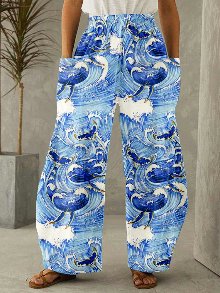Japanese Wave Inspired Whale Art Wide Leg Casual Pants elevenforest