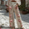 Women's Classic Pink Flowers Embroidery Art Comfy Linen Pants elevenforest