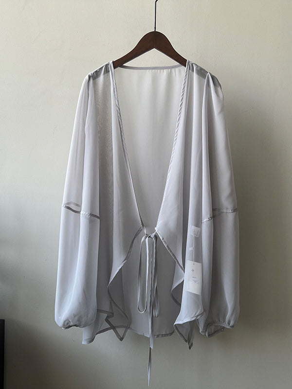 Bishop Sleeve Long Sleeves See-through Split-joint Tied Collarless Blouses&shirts Tops