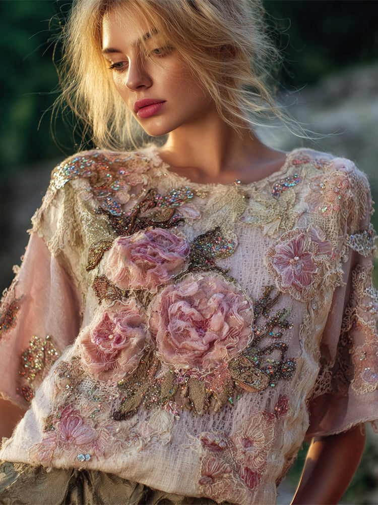 Boho Rose Floral Embroidery Women's Linen T-shirt elevenforest