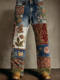 Women's Vintage Patchwork Floral Art Washed Blue Jeans elevenforest