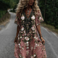 Women's Vintage Romantic Pink Rose Embroidery Art Comfy Linen Midi Dress elevenforest