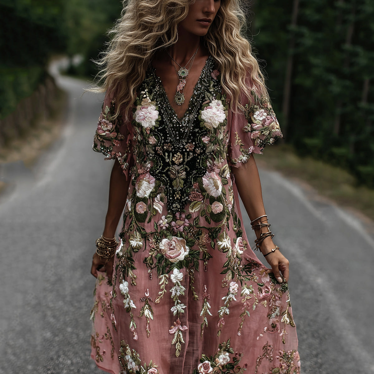 Women's Vintage Romantic Pink Rose Embroidery Art Comfy Linen Midi Dress elevenforest