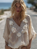 Bohemian Style White Flower V-neck Vintage Linen Short-sleeved Shirt elevenforest