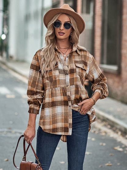 Loose Checkered Lapel Blouses&shirts Tops