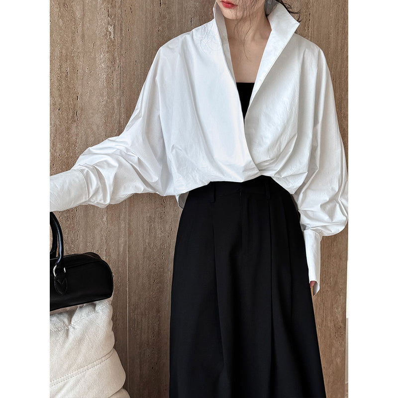 Profile Bandage Dress Stand Collar Deep V Plunge White Shirt Lazy Batwing Sleeve Large Version Blouse